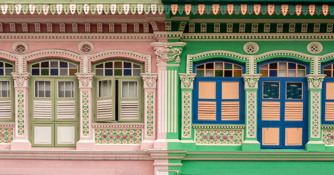 Royal Hallmark: Detailed close-up of the lines and colors of the window frames at Joo Chiat Colorful Shophouses